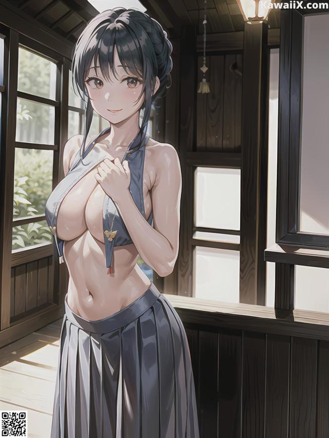 A woman in a gray dress standing in front of a window.